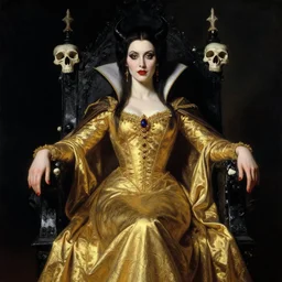 portrait of attractive vampire queen in gold gothic robe sitting on a throne of black bones, painting by gaston bussiere, craig mullins, j. c. leyendecker, 8 k, mid shot