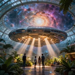 colossal spaceship greenhouse, design by zaha hadid, beautiful nebulas, dramatic warm and cold lighting. light shafts and god rays. families enjoying themselves, lush plants, architectural photography, 8 k, realistic lighting, reflections, bloom, hyperdetailed environment, pbr materials.
