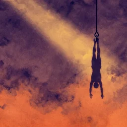 desaturated dark purple, orange and yellow watercolor texture with a silhouette of a body hanging upside down from a hook in the right hand background