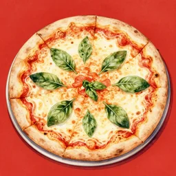delicious italian pizza, kseniia yeromenko, rob duenas, watercolor, illustration, red background, highly detailed