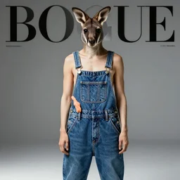 wallaby wearing denim overalls that have a front pocket, fashion magazine photograph, studio lighting