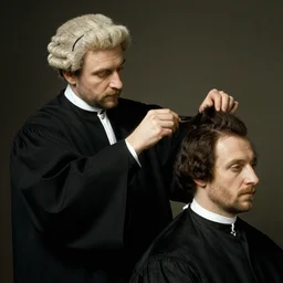 judge wearing a bench wig is making a haircut to another judge with a bench wig, by hieronymus bosch