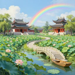 a gorgeous summer landscape painting by barlowe wayne, maxfield parrish and marco mazzoni. lotus pond!! chinese temple. the winding steps. stone bridge. boat. ultra clear detailed. 3 d, octane render. a lonely rainbow.