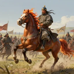 genghis khan leading his army to battle riding a flaming horse, mongolian soldiers in background, highly detailed, deep focus, elegant, artstation, digital painting, smooth, sharp focus, illustration, ultra realistic, 8 k, art by theodore chassiorio by ivan aivazovsky by pedro americo
