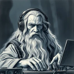 portrait of gandalf from lord of the rings doung the dj with headphones in super party night, establishing shot, extremely high detail, foto realistic, cinematic lighting, pen and ink, intricate line drawings, post processed, concept art, artstation, matte painting, style by raphael lacoste, eddie mendoza