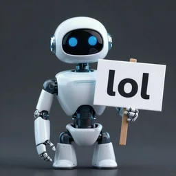 a robot holding a sign that says lol