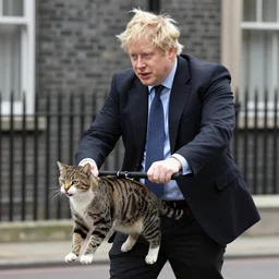 Boris Johnson riding a cat in to battle