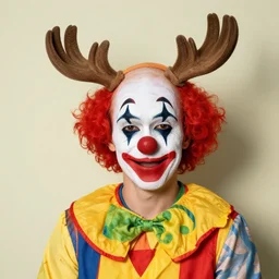 a realistic clown with moose horns