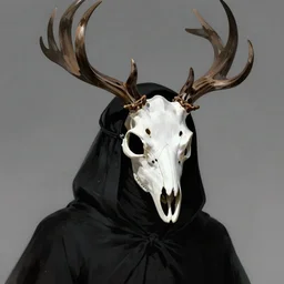 portrait of a character wearing a black cloak, with a white mask in the shape of a deer skull, no antlers, dramatic lighting, illustration by Greg rutkowski, yoji shinkawa, 4k, digital art, concept art, trending on artstation