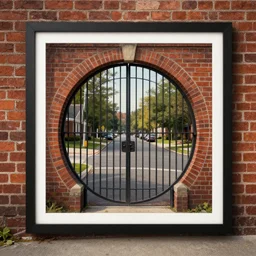 brick wall with a circular gate that leads to a suburban street. framed, centralized urban fantasy, high detailed digital art trending in artstation. artist greg rutkowski