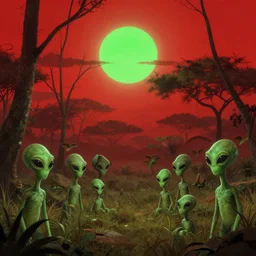 photo of a safari through a forest filled with aliens. A green sun shines in the blood red sky.