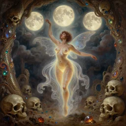 concept art of translucent glowing curvy buxom brown fairy dancing, renaissance, flowy, melting, round moons, rich clouds, very detailed, volumetric light, mist, fine art, decaying, textured oil over canvas, epic fantasy art, very colorful, ornate intricate scales, walls and floor of cave made of skulls, fractal gems, 8 k, high contrast