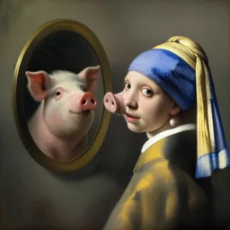 a beautiful painting mother pig looking in the mirror, by jan vermeer award - winning art good results painting