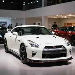 105mm photograph f1.8 full view mid distance front side view white Nissan GT-R showroom beautiful lighting from 2000