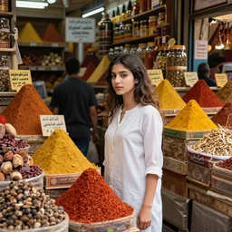 professional photograph of lonely girl in the market in tunis, spices, warm air, vibrant colors, high contrast photograph, kodak, analog film