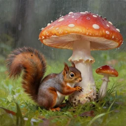 a squirrel hiding from the rain under a mushroom, artstationhq, trending on artstation, oil painting