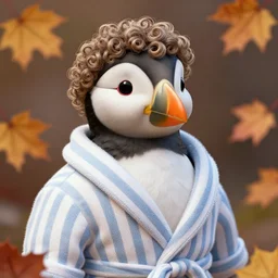 anthropomorphic puffin, striped bathrobe, curly hair, surrounded by fall leaves, detailed, intricate, luminescent, elegant, coherent, by hannah yata and kay sage, detailed, artstation