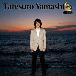 japanese man with long hair wearing a beige suit and black pants standing in the ocean, facing the camera, face visible, sunset, night, wide shot, tatsuro yamashita, album cover, 1980s japan, grammy award winning