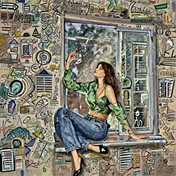 sexy girl wearing green blouse and blue jeans and black shoes, sitting down and leaning against the window, in the style of ilya kuvshinov