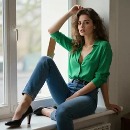 sexy girl wearing green blouse and blue jeans and black shoes, sitting down and leaning against the window, in the style of ilya kuvshinov