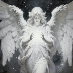 highdetailed hyperrealistic painting of white angel!!! no gender!!!, giant ball of miracle light from the chest!!!!!, everywhere, 4 k hd fur face!!!, in the hood, big wings, by jan van eyck, holography space, white sparkles, glow effect, large strokes, white monochrome color!!!!!