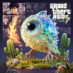 3 d render creature animal sushi cristal very big eye roots cactus elemental flush of force nature micro world fluo fishscale, comics gta 5 cover, official fanart behance hd artstation by jesper ejsing, by rhads, makoto shinkai and lois van baarle, ilya kuvshinov, ossdraws