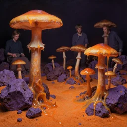 a slimy oozy mushroom garden by simon stalenhag and hubert robert and zacharias aagaard and gillis rombouts and samuel beal, hyperrealism!, orange sand, purple rocks, chiaroscuro!!!!, tonalism!, desaturation, high contrast, vibrant!, highly detailed, volumetric light