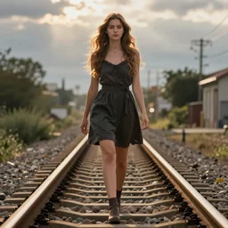 a girl walking on the rail way.