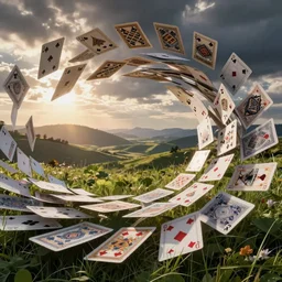 whirlwind of playing cards, volumetric lighting, landscape, by greg rutkowski