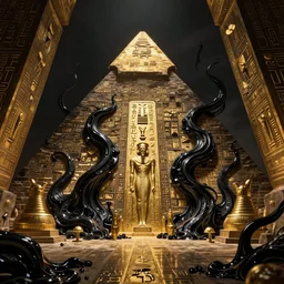 pyramid interior, golden scarabee, egyptian glyphs, darkness, fantasy art, evil fluid, black tentacles, creepy, by greg rutkowski