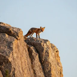 a fox standing at the edge of a rock cliff made of granite, golden hour, dslr photo