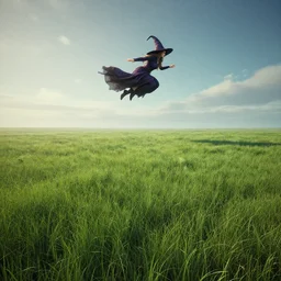 an expansive grassy plain, with a fantastical witch soaring above, digital art, fantasy, 8k, trending on artstation