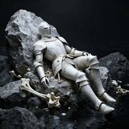 octane render uhd, filmic lighting, cinematic art shot, hyperrealistic, hyperdetailed, super detailed, 8 k, high resolution, fallen knight, white rocks made of bone, 8 k uhd matte painting by ross tran and ivan aivazovsky, black water, midnight