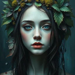 a portrait of beautiful girl by irakli nadar with intricate detailed color smashing fluid oil paint and acrylic, moss and leaves headdress, melting wax, mycelia, abstract impressionism, ruan jia, dark fantasy, hyper detailed, concept art, by gustav klimt, by sue bryce, moody lighting