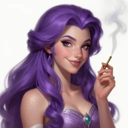 portrait of princess peach, nose ring, upper body, purple hair, long hair, joyful smirk, intricate, smoking weed, elegant, highly detailed, digital painting, artstation, concept art, matte, sharp focus, illustration, art by artgerm and greg rutkowski and alphonse mucha