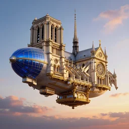 floating steampunk dirigible zeppelin with blue glass windows, strongly resembling exterior palace of versailles and notre dame cathedral, imperial napoleonic, gold blue white, dramatic lighting, steampunk, dieselpunk, french baroque, napoleonic, floating above 1 8 5 0 s paris, gorgeous sunset by david levy vyle art, artstation