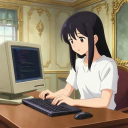chihiro fujisaki, thinkpad, coding time, room is rich, baroque, anime style writes code on a macintosh, 8 k
