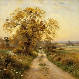 a beautiful country path, golden light , sense of awe, in the style of Turner