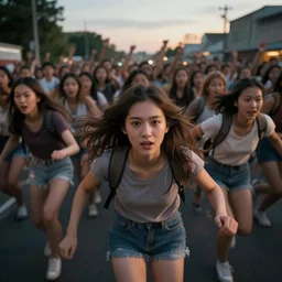 realistic photo first person perspective, girls stampede towards camera, attacking and chasing me, dramatic lighting, early evening, professional photography, high detail, cinematic lighting, unreal engine