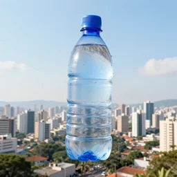 a giant water bottle floating above São Paulo city, hyperrealistic, concep art, octane render, unreal engine 5, trending on artstation