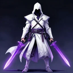 Male; Fantasy assasin; White pirate Clothes; Translucent neonpurple bright daggers; Dark Sky Background; Concept Art; Drawn by Tony Sart;