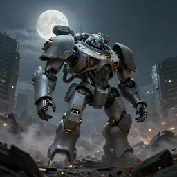 a very big grey giant mechanical weapons battle armor mechwarrior in the middle of war - torn battlefield of a crumbling city, dim sky, very big moon, some smoke, a little bit yellow lights, artstation, concept art, smooth, sharp focus, superior quality, 8 k, cinematic lighting, octane render, wide angle, by bilibin, kuvshinov, mal