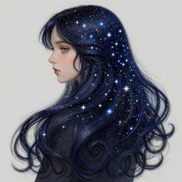 girl with super long hair, hair becoming night stars, intricate, highly detailed, digital painting, artstation, concept art, smooth, sharp focus, illustration, unreal engine 5, 8 k, art by artgerm and greg rutkowski and alphonse mucha