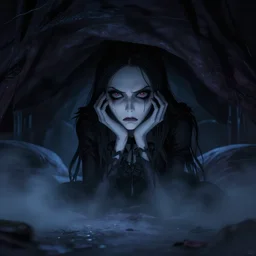 full shot portrait of angry darkness anime girl hide under a bed at moonlight, gothic wearing, worrying eyes, inspired by Tim Burton, detailed, unreal engine 4k volumetric light, dense fog,