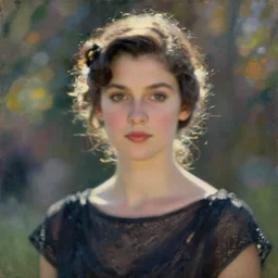 a portrait of zelda fitzgerald as a beautiful young lady wearing 1 9 2 0 s fashion, blurry face, brown hair, slim, fair, severe out of focus, depth of field, pleinairism, in the sun, backlit, closeup, oil on canvas, atr by monet, in the style of le promenade, smooth, impressionnisme, 8 k
