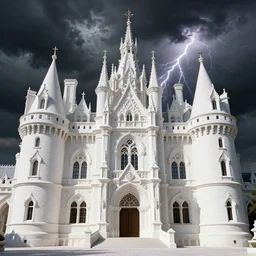 A extremely highly detailed majestic hi-res beautiful, highly detailed white brick immaculate castle in black scary storm clouds high detail,ethereal, dramatic lightning, rim light, hyperrealistic, photorealistic, octante render, elegant, cinematic, high textures, hyper sharp, 8k, insanely detailed and intricate, graphic design, cinematic atmosphere, hypermaximalist, hyper realistic, super detailed, 4k HDR hyper realistic high quality smiling by Michelangelo Merisi da Caravaggio,