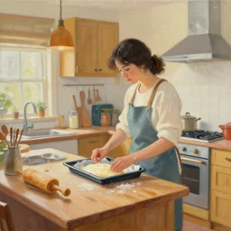 a homey cozy painting of a mother baking in her kitchen