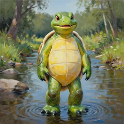 man wearing snapping turtle costume standing in the creek wylie beckert acrylic painting