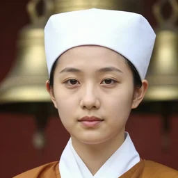 closeup headshot photo of a female apprentice monk, brass bell background and photography by Gregory Crewdson, 8k details, Nikon D850, f/5.6, ISO 100