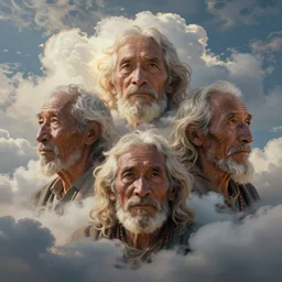 faces of old indigenous people made of clouds in the sky, ancestors, protection, benevolence, art by christophe vacher